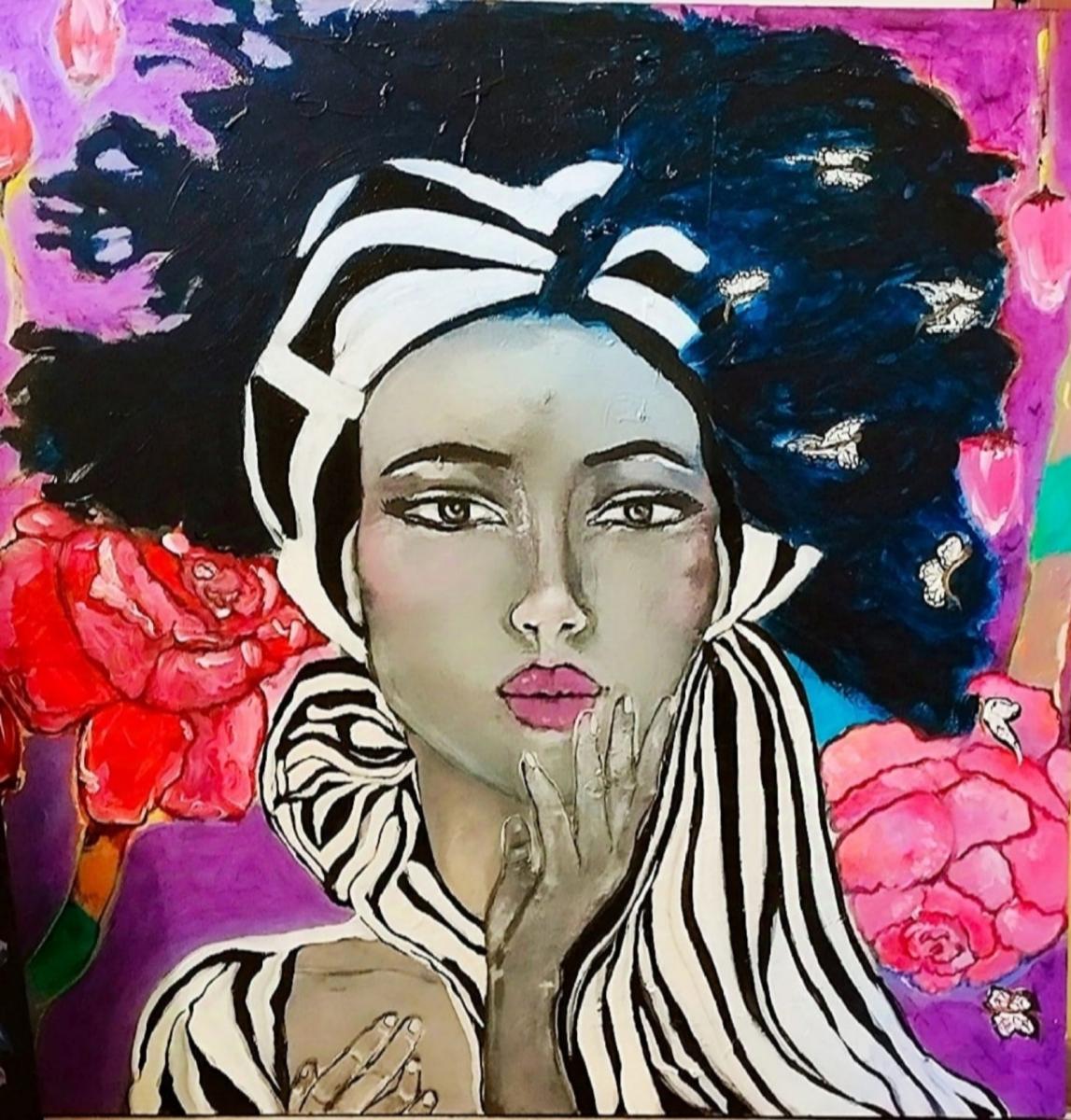 LAMIA BENNANI - Femme, beauté et lumière des papillons - Acrylique, Sable sur Toile 100 x 100 cm - 2024