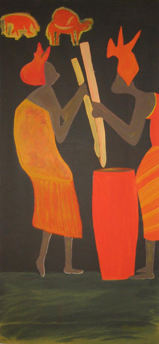 CHRISTINE RATILLON - Femmes Africaines -  peinture acrylique sur toile marouflée sur bois,dimension : 56X130 - 2002